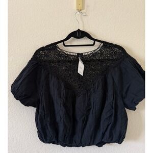 Abercrombie & Fitch Black Lace Crochet Yoke Puff Sleeve Crop Top Medium NWT Boho